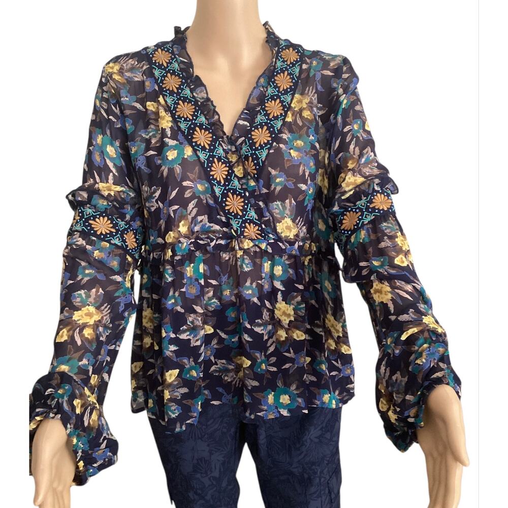 Anthropologie Meadow Rue Sheer Floral Embroidered Peplum Blouse Navy Boho sz S